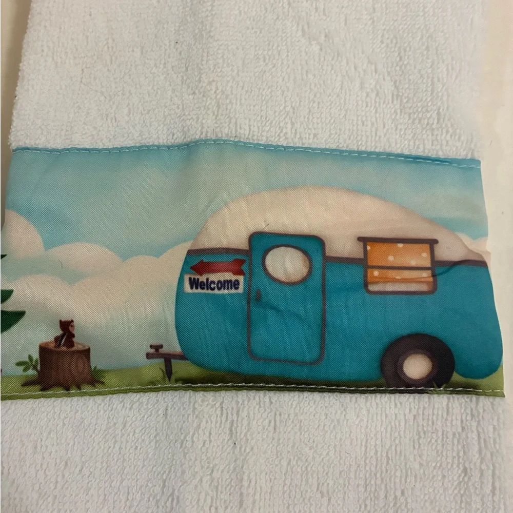 Set 2 White Towels Blue Camper Van Retro Rv Camper Travel Trees NWOT